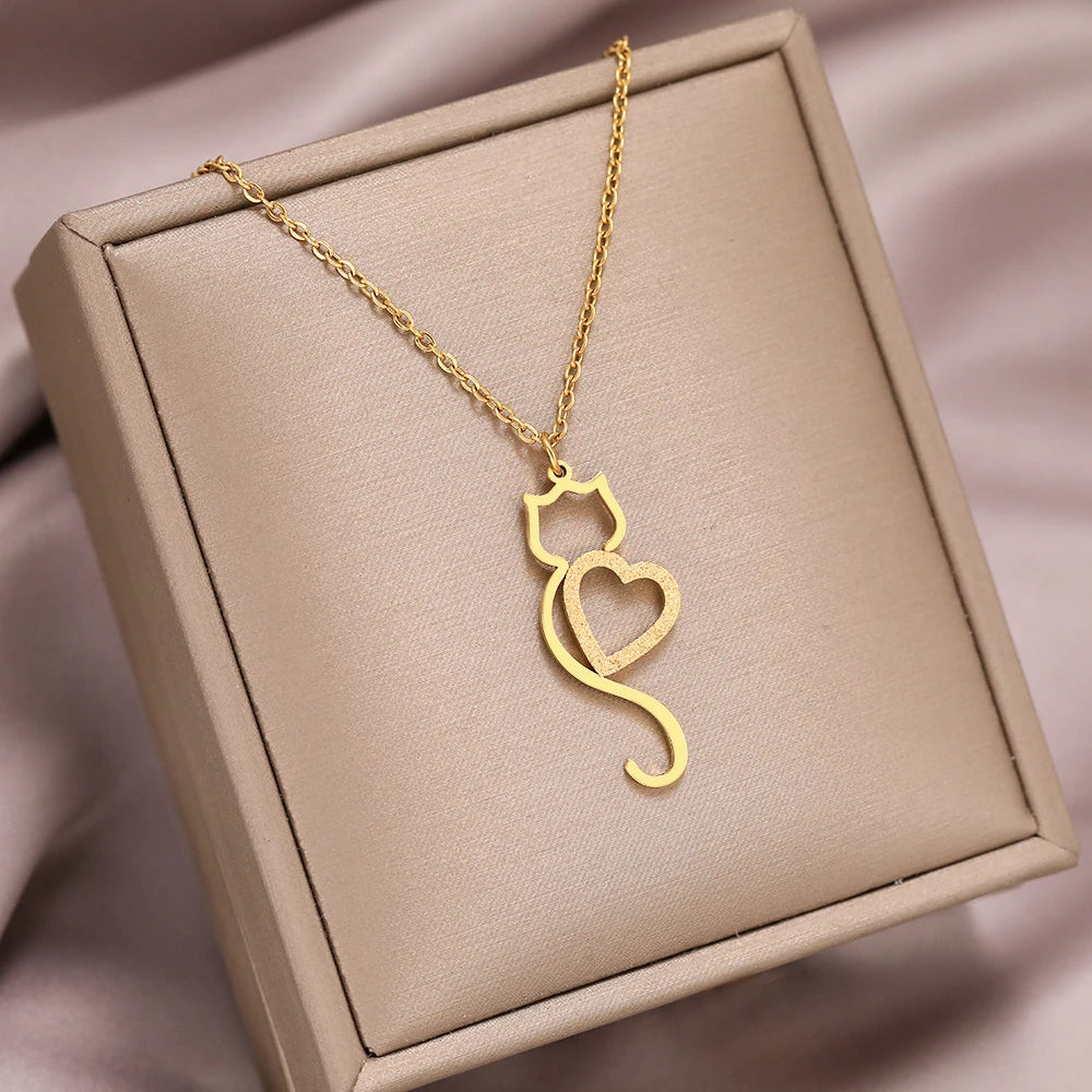 Stainless Steel Necklaces Trending Products Heart Cat Pendant Cute Choker Trendy Fine Chain Charms Necklace For Women Jewelry